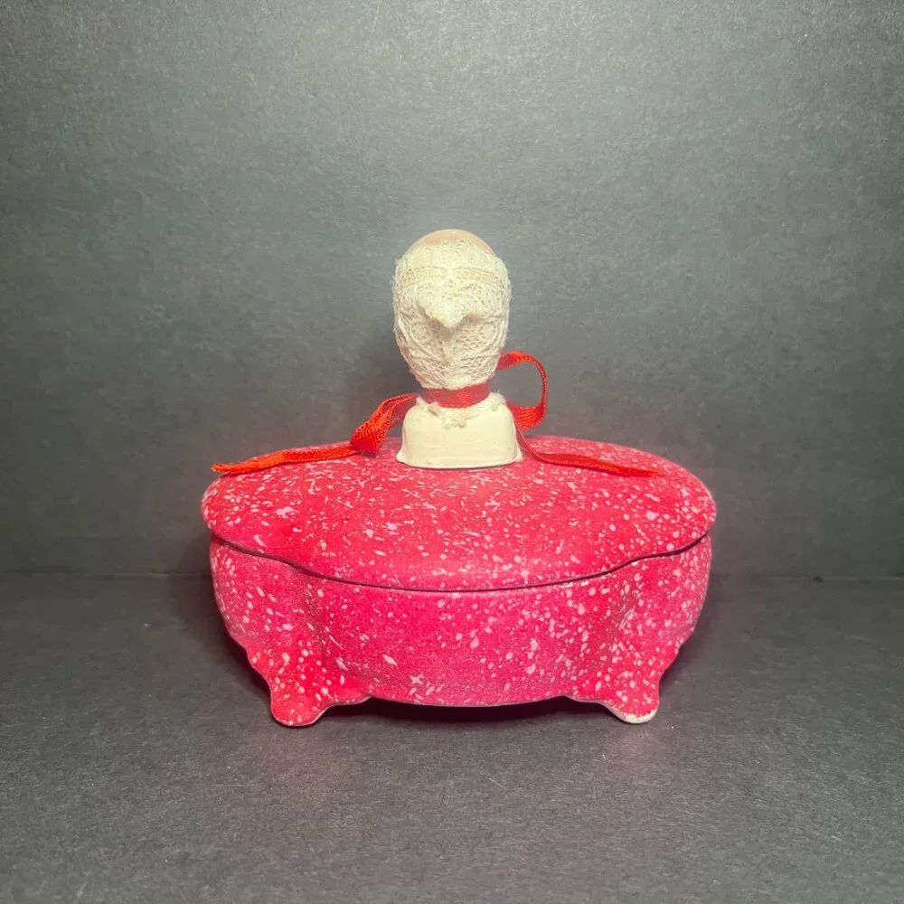 Vintage Unique OOAK Red Art Pottery Ceramic Doll Head Oval Trinket Jewelry Box